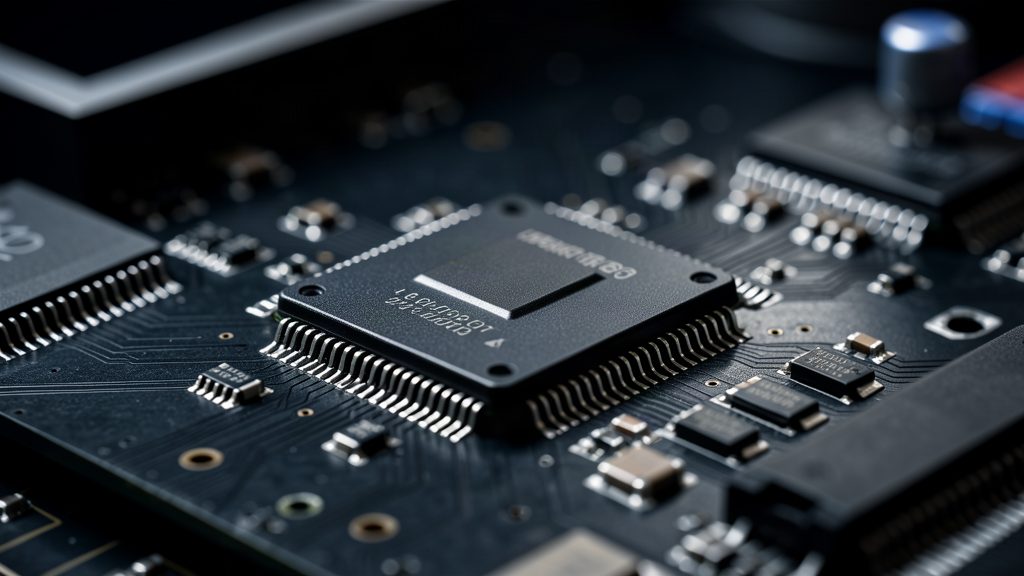 Close-up of a computer microchip on a dark workbench under bright precision lighting