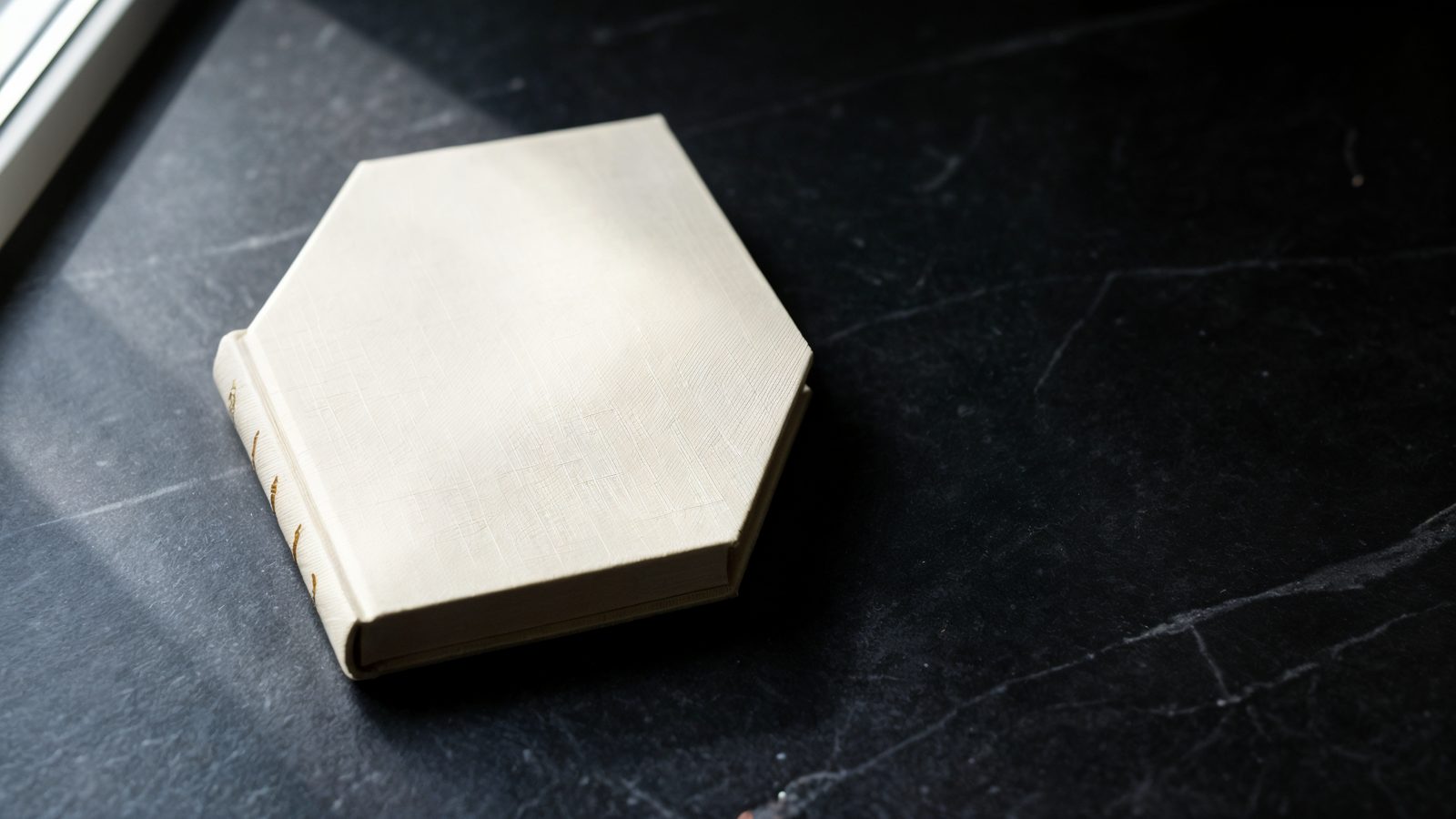 A single closed ivory linen-bound book lying on dark polished stone, shot from above, lit by one shaft of daylight from the left, with open space on one side