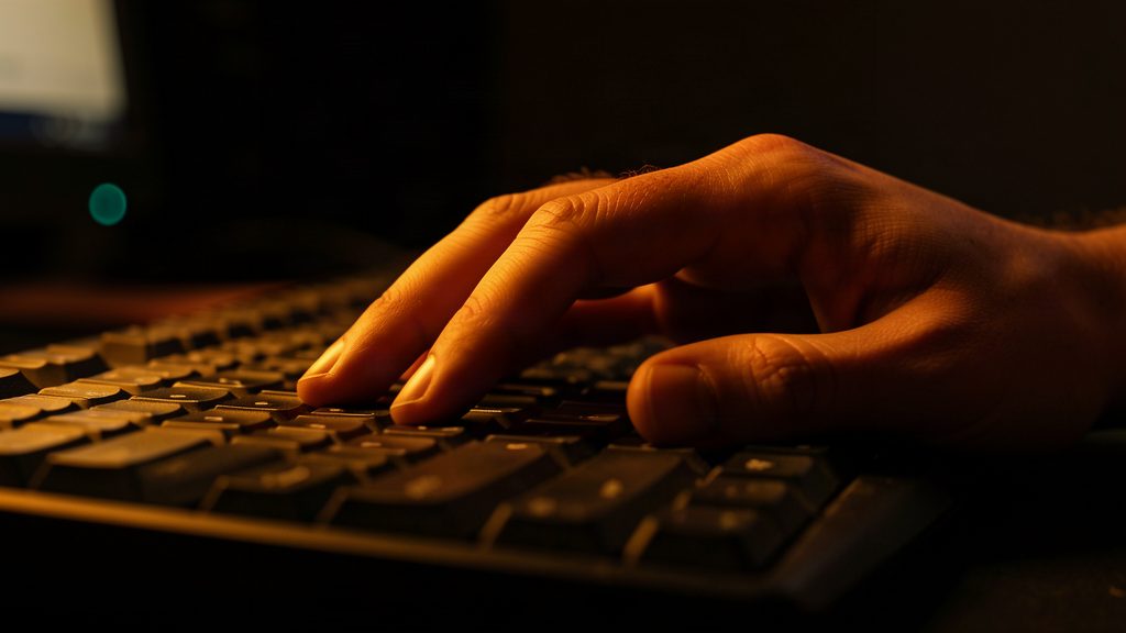 A hand resting on a computer keyboard lit by warm amber light from the side, in a dark room