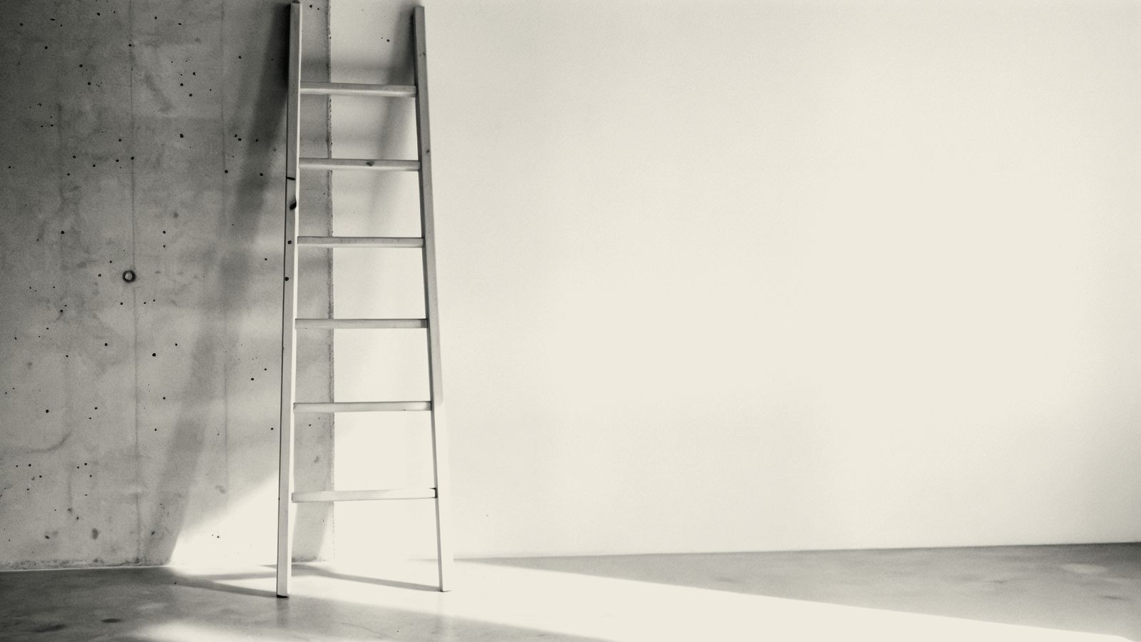A steel ladder reaching up a tall glass wall into daylight, an abstract image of capability rising toward a bright opening