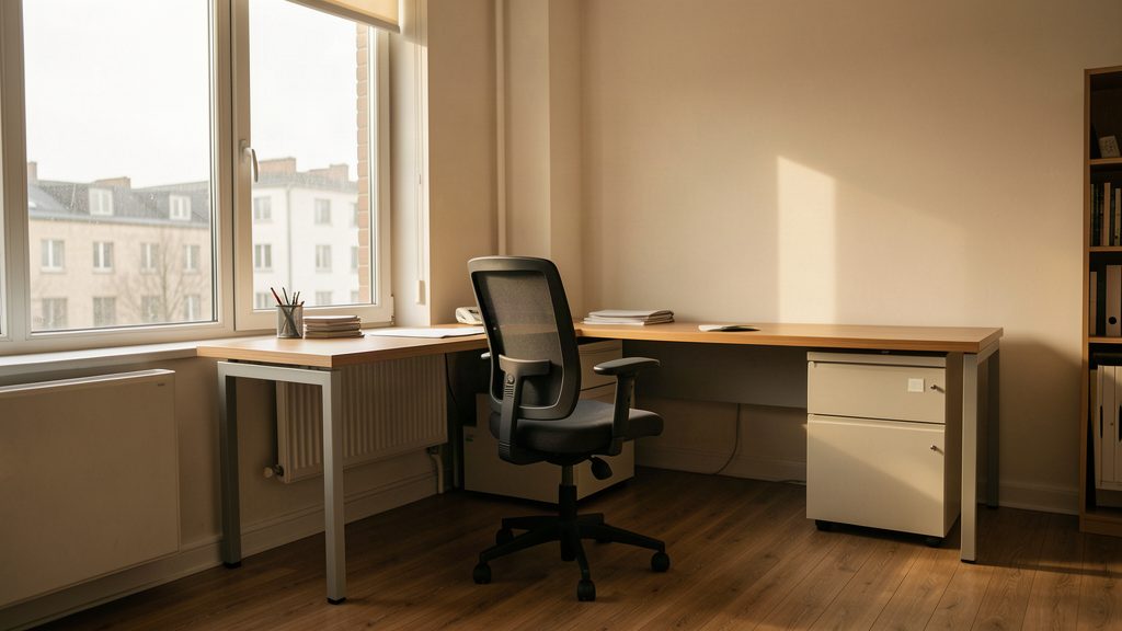 An empty office chair at a desk beside a window, daylight falling across an unoccupied workspace